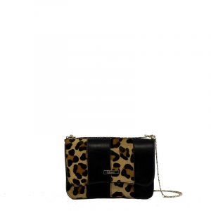 Bolso bandolera en piel negra y piel animalprint